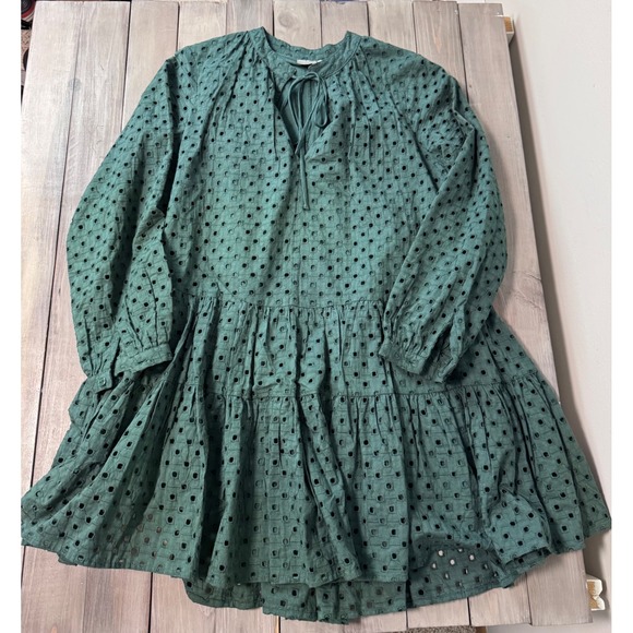 ASOS Green Eyelet Tiered Babydoll Mini Dress Long Sleeve Tie Neck Cotton Size 4 - Picture 8 of 10